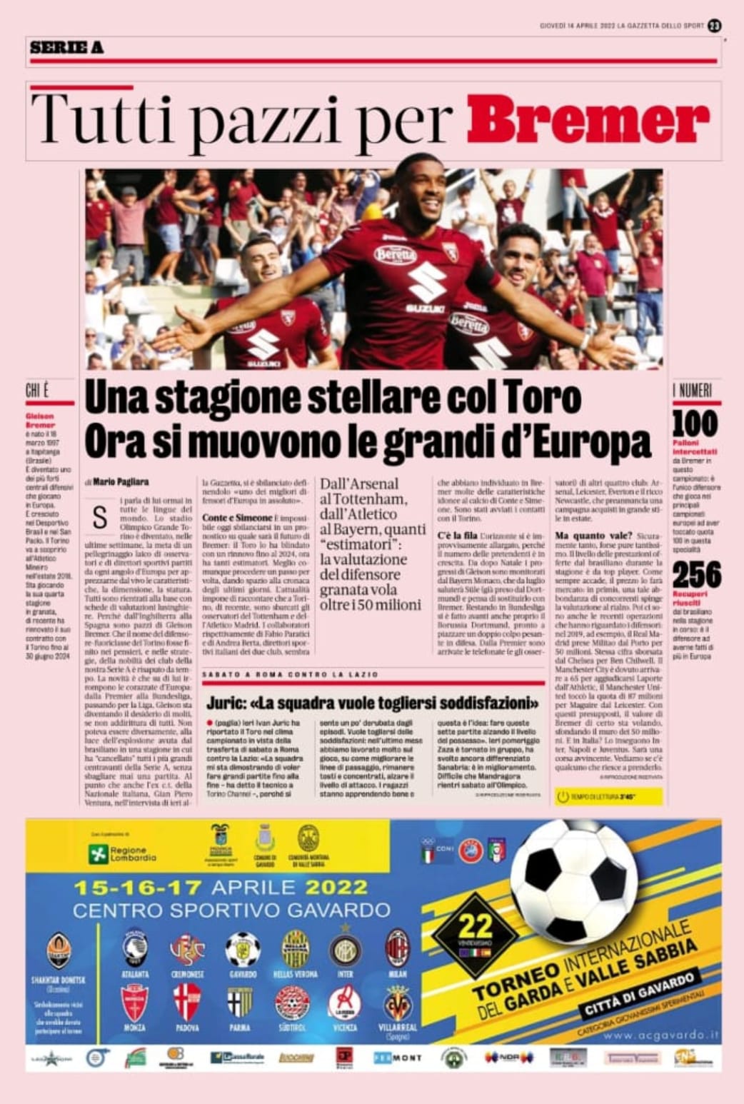 NEWS Presenti sulla GAZZETTA DELLO SPORT di Gioved 14 aprile